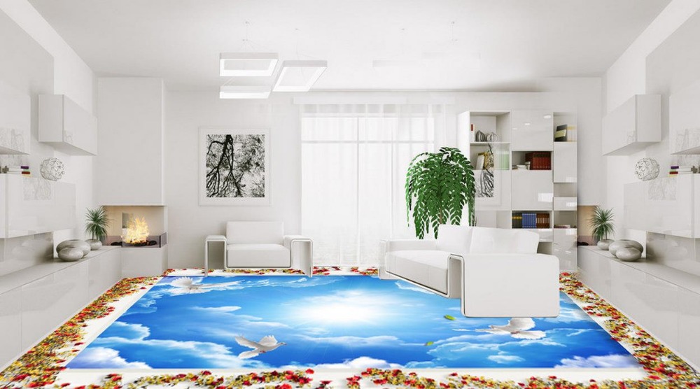 Phòng khách với gam màu trắng chủ đạo cùng sàn nhà 3D