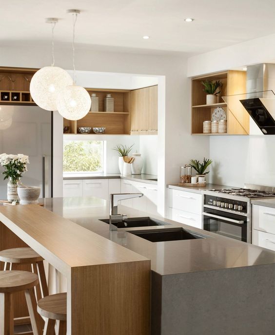 [BST] Tủ bếp màu trắng kết hợp vân gỗ hiện đại tuyệt đẹp 63