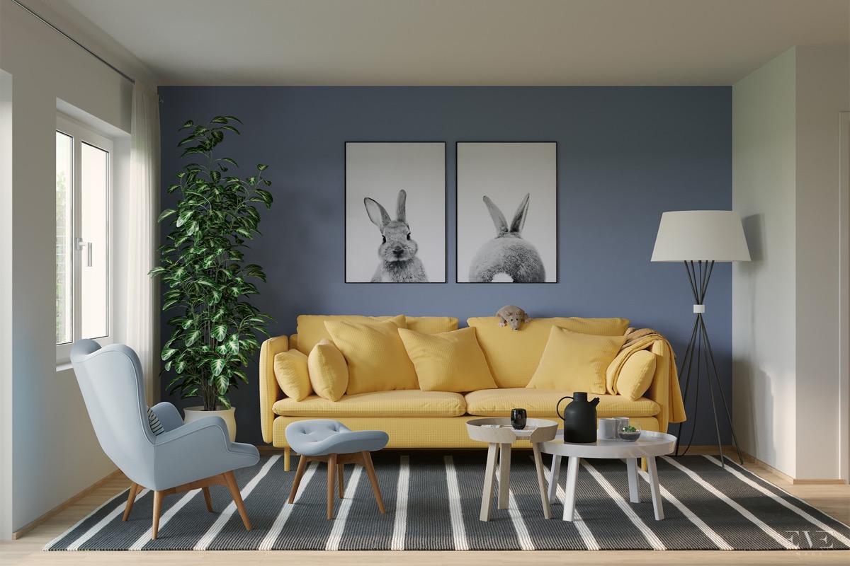 mẫu phòng khách màu xanh dương kết hợp màu vàng