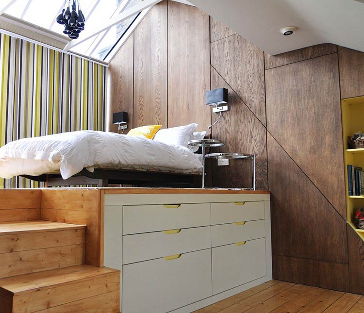 Giường cách sàn một độ cao được dùng để thiết kế tủ lưu trữ