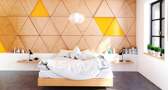 chiếc giường ngủ gỗ đến kệ đầu giường gỗ ở hai bên và cả bức tường gỗ