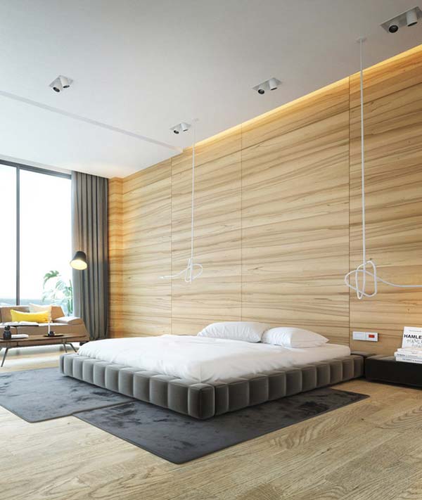Không ít người thiết kế hẳn tường đầu giường bằng gỗ tự nhiên