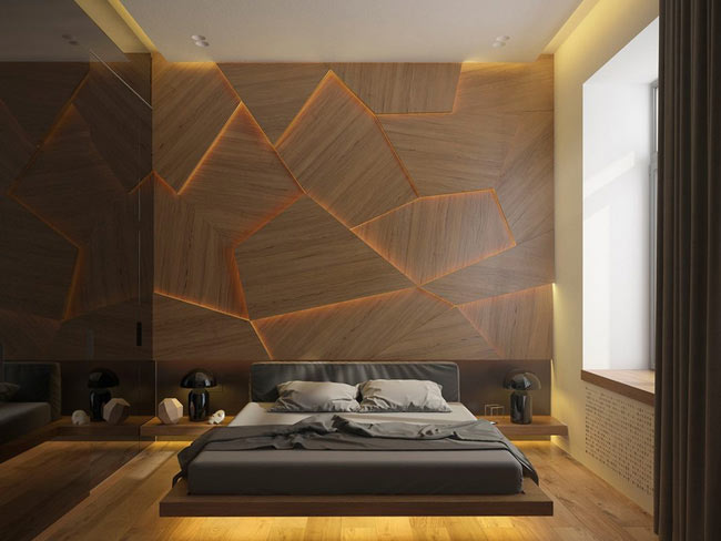 mảnh ghép bằng gỗ đầy ngẫu hứng mang đến sự gần gũi, thân thiện cho căn phòng ngủ đẹp này
