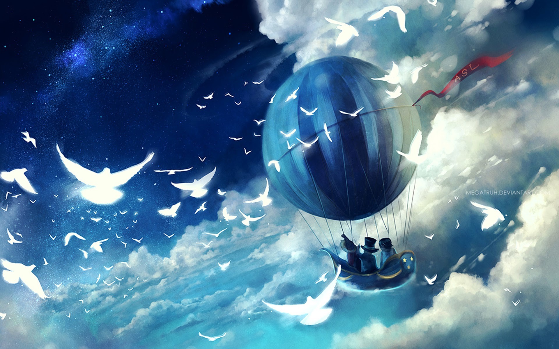 Hình vẽ anime khinh khí cầu trên bầu trời sao